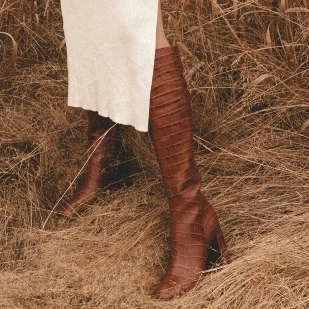 NEW SAM EDELMAN Clarem Leather Croc Embossed High Block Heeled Tall Boots SZ 6.5 - Picture 5 of 13